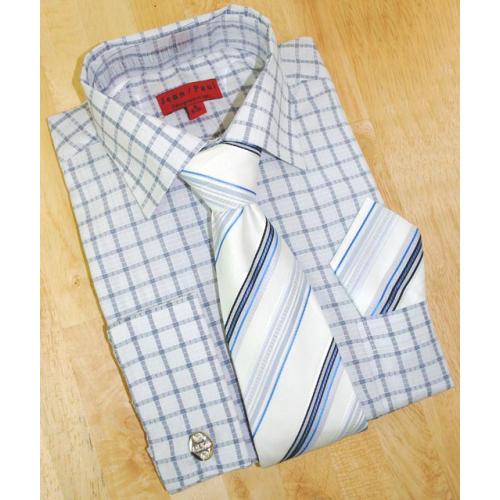 Jean Paul White/Navy Blue Checked Shirt/Tie/Hanky Set JPS-18